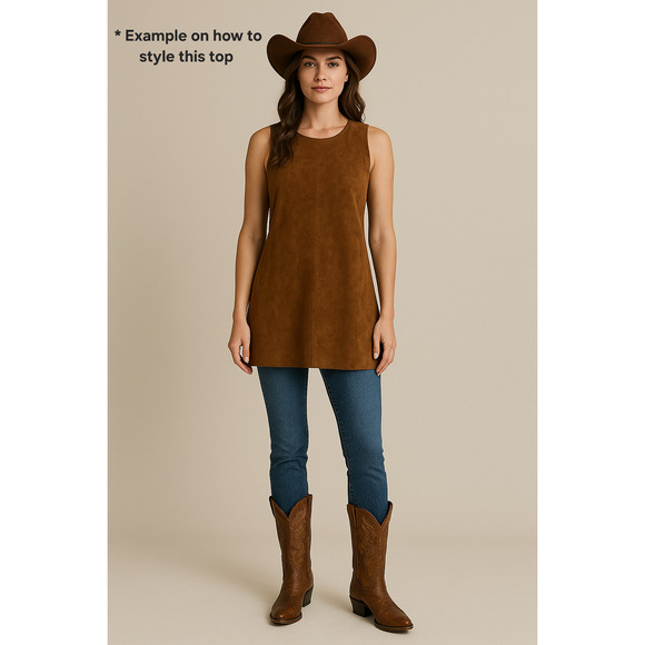 Spiegel Vintage Brown Suede‎ Leather Sleeveless Tunic Tank Top Western Size 14 - Picture 5 of 5